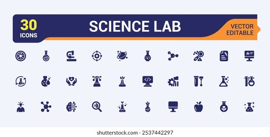 Conjunto de ícones sólidos de ciência. Contém relacionados à análise, saúde, tubo de ensaio, química, fórmula, médico, bulbo, ecologia. Ícones planos modernos. Ilustração vetorial editável.