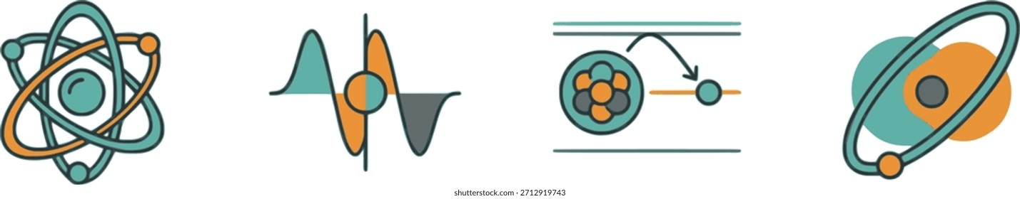 Ciencia e ilustración espacial con estructuras atómicas, ondas sonoras, telescopio y exploración planetaria. Diagrama educativo para materiales de enseñanza de física, astronomía y descubrimiento científico.
