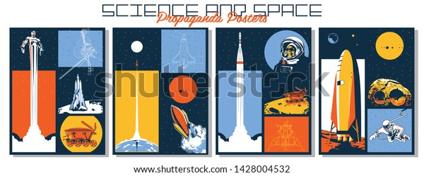 Science and Space\
Propaganda Posters Set, Astronauts, Space Rockets, Satellite and\
Heavenly Bodies
