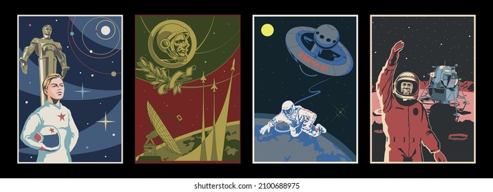 Science and Space! Retro Style Space Posters and Illustrations, Astronauts and Cosmonauts, Space Rocket, Orbital Station, Martian Module, Radio Telescope