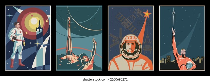 Science and Space! Retro Style Space Posters and Illustrations, Cosmonauts and Astronauts, Space Rockets and Satellites