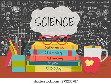 SCIENCE in speech bubbles above science books, pens box,apple and mug with science doodles on chalkboard background.