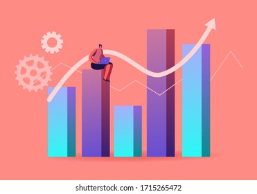 Science Statistics or Audit Analysis Inspection Concept. Woman Character with Laptop Sit on Huge Column Chart Analysing Accounting Data, Earnings, Savings, Loan or Credit. Cartoon Vector Illustration