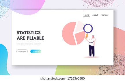 Science Statistics, Business Meeting, Project Presentation Landing Page Template. Male Character Look on Financial Pie Chart, Data Analysis Information through Magnifier. Cartoon Vector Illustration