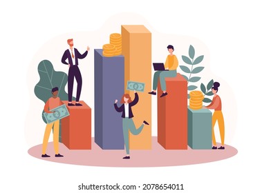Science Statistics concept. Characters on chart bar. Diagram, work with information. Analytical department, income growth. Company, employees, colleagues. Cartoon isometric vector illustration