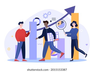 Science statistics. Hitech technology solutions with development graphs and diverse people. Characters, column data chart. Project management analysis concept. Flat cartoon vector illustration