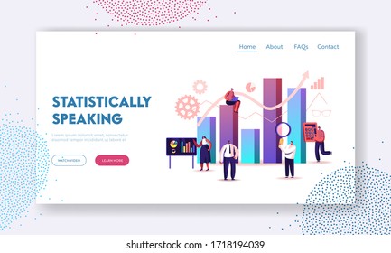 Science Statistics Landing Page Template. Tiny Characters at Touch Screen and Huge Column Data Chart Analysis. Hitech Technology Solutions with Development Graphs. Cartoon People Vector Illustration