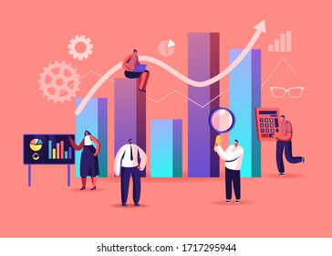 Science Statistics. Tiny Characters at Touch Screen and Huge Column Data Chart. Project Management Analysis. Hitech Technology Solutions with Development Graphs. Cartoon People Vector Illustration
