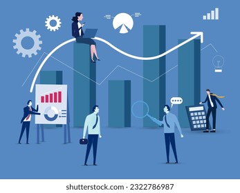 science statistics.small characters touch screen and large columns project management analysis data chart.high tech technology solutions with development graphs.cartoon people vector illustration.
