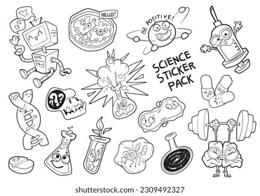 Paquete de stickers de ciencia. Estilo de cómics. Establece los personajes de dibujos animados. Graciosa ilustración vectorial. Aislado sobre fondo blanco. Libro de colorear. Imagen en blanco y negro