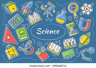 Science - sticker set. Elements and objects related laboratory researches. Cartoon vector illustration.