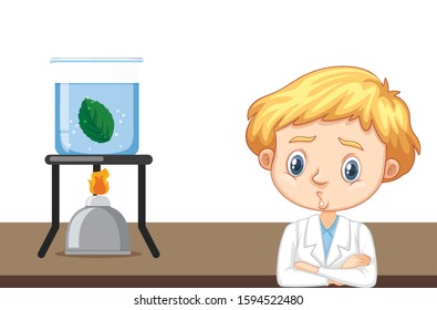 Science student doing experiment on leaf illustration