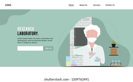 Science students working in the laboratory at the university. Landing Page Concept. Flat Cartoon Vector Illustration