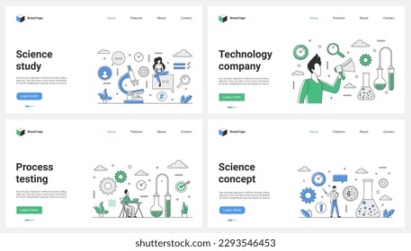 Science study, companys new technology testing processes set vector illustration. Cartoon tiny people work with laboratory microscope, glass flasks with reaction and equipment for scientific analysis