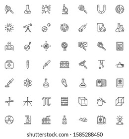 Science study line icons set. linear style symbols collection, outline signs pack. vector graphics. Set includes icons as Chemical research, Geometric cube, genetic engineering, Physics experiment