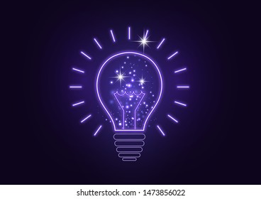 Science is the study of molecules, atoms, neurons. Icon idea, solution, discovery in the form of a glowing light bulb. Vector illustration for your design.