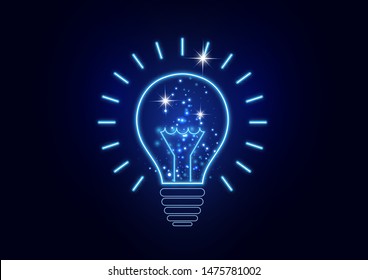 Science is the study of molecules, atoms, neurons. Icon idea, solution, discovery in the form of a glowing light bulb. Vector illustration for your design.