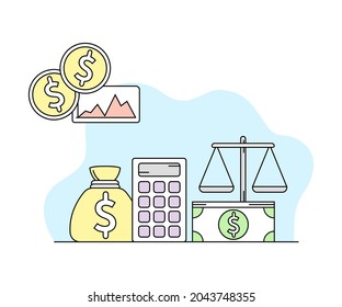 Science and Study of Money and Investment with Calculator and Finance Vector Line Illustration