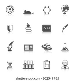 Science study research and scholarship devices and accessories flat black with reflection icon set isolated vector illustration