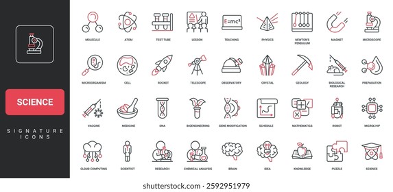 Science study and research in scientific laboratory by scientist, student line icon set. chemistry and geology, mathematics, virus and cell engineering thin black and red symbols vector illustration