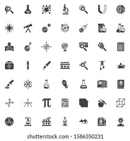 Science study vector icons set, modern solid symbol collection, filled style pictogram pack. Signs, logo illustration. Set includes icons as Chemical research, Geometric cube, genetic engineering