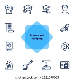Science and studying icons. Set of line icons on white background. Bachelor, diploma, student. Education concept. Vector illustration can be used for topics like university, graduation, finals