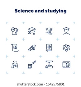 Science and studying icons. Set of line icons on white background. Bachelor, diploma, student. Education concept. Vector illustration can be used for topics like university, graduation, finals