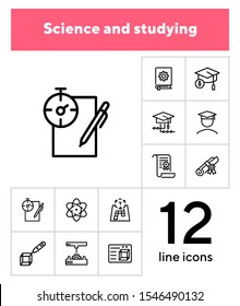 Science and studying icons. Set of line icons on white background. Bachelor, diploma, student. Education concept. Vector illustration can be used for topics like university, graduation, finals
