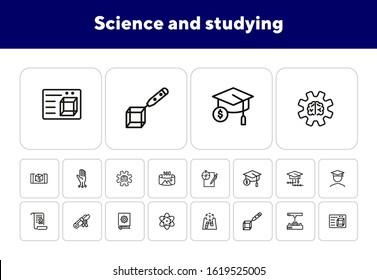 Science and studying icons. Set of line icons on white background. Bachelor, diploma, student. Education concept. Vector illustration can be used for topics like university, graduation, finals