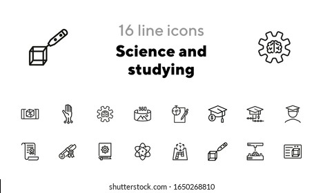 La ciencia y el estudio de los íconos. Conjunto de iconos de línea en fondo blanco. Licenciatura, diploma, estudiante.Concepto de educación. La ilustración vectorial se puede utilizar para temas como universidad, graduación, finales