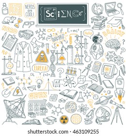 Science stuff doodle set  Biology  mathematics  astronomy  robotic technology  geometry  physics  chemistry laboratory equipments   tools  Freehand vector drawing Isolated white background 