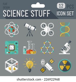 Science Stuff Icon Set. Flat Design Long Shadow. Vector Illustration.