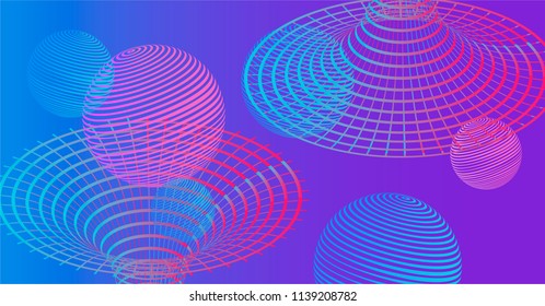 Science subject abstract background with colorful geometric spheres and wireframe of space tunnels. Trendy neon colors, retrowave/ synthwave neon 80s-90s aesthetics.