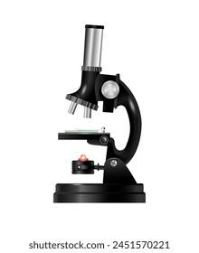 Wissenschaft. Schwarzes Mikroskop auf weißem Hintergrund. Vektorgrafik realistische Darstellung