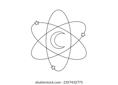 Símbolo de ciencia con luna y estrellas. Noche de Investigadores Europeos. Un dibujo de línea para diferentes usos. Ilustración vectorial.