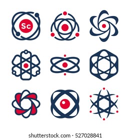 Science symbols, atom and molecule icons, chemistry - logo design elements, labels, badges, logotype templates