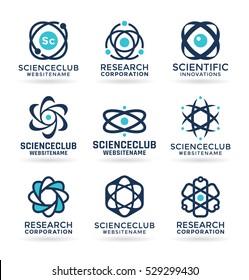Science symbols, atom and molecule icons, chemistry - logo design elements, labels, badges, logotype templates