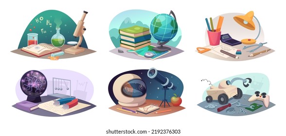 Science symbols. Education stuff colored cartoon pictures of astronomy biology and geography globe chemistry tubes exact vector illustrations