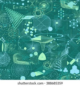 Science symbols and elements wallpaper seamless pattern. Textile design, abstract texture, surface pattern. Alchemy, religion, philosophy, astrology themes