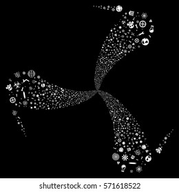 Science Symbols fireworks swirl rotation. Vector illustration style is flat white iconic symbols on a black background. Object twirl combined from random pictographs.