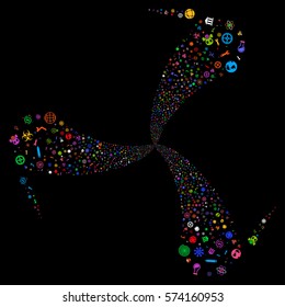 Science Symbols fireworks swirl rotation. Vector illustration style is flat bright multicolored iconic symbols on a black background. Object whirlpool made from random icons.