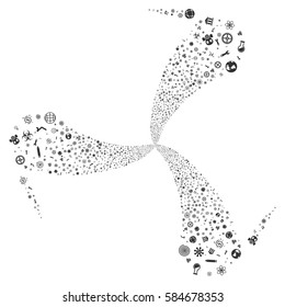 Science Symbols fireworks swirl rotation. Vector illustration style is flat gray iconic symbols on a white background. Object spiral organized from random icons.