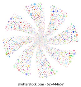 Science Symbols fireworks swirl rotation. Vector illustration style is flat bright multicolored iconic symbols on a white background. Object whirlpool combined from random icons.