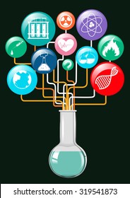Science symbols and glass container illustration