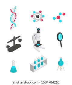 Science symbols isometric vector illustrations set. DNA helix, atom and molecule structure models. Lab equipment, scientific research tools and glassware. Scales, microscope and magnifying glass