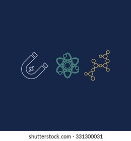 Science symbols. Magnet. Atomic model. Molecule. Vector illustration