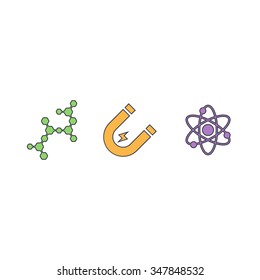 Science symbols. Magnet. Atomic model. Molecule. Vector illustration