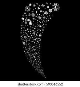 Science Symbols random fireworks stream. Vector illustration style is flat white iconic symbols on a black background. Object fountain organized from scattered pictographs.