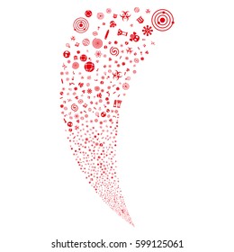 Science Symbols random fireworks stream. Vector illustration style is flat red iconic symbols on a white background. Object fountain made from scattered icons.