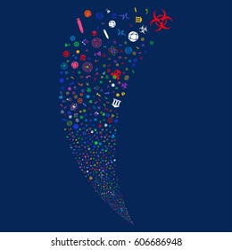 Science Symbols random fireworks stream. Vector illustration style is flat bright multicolored iconic symbols on a blue background. Object fountain created from scattered design elements.